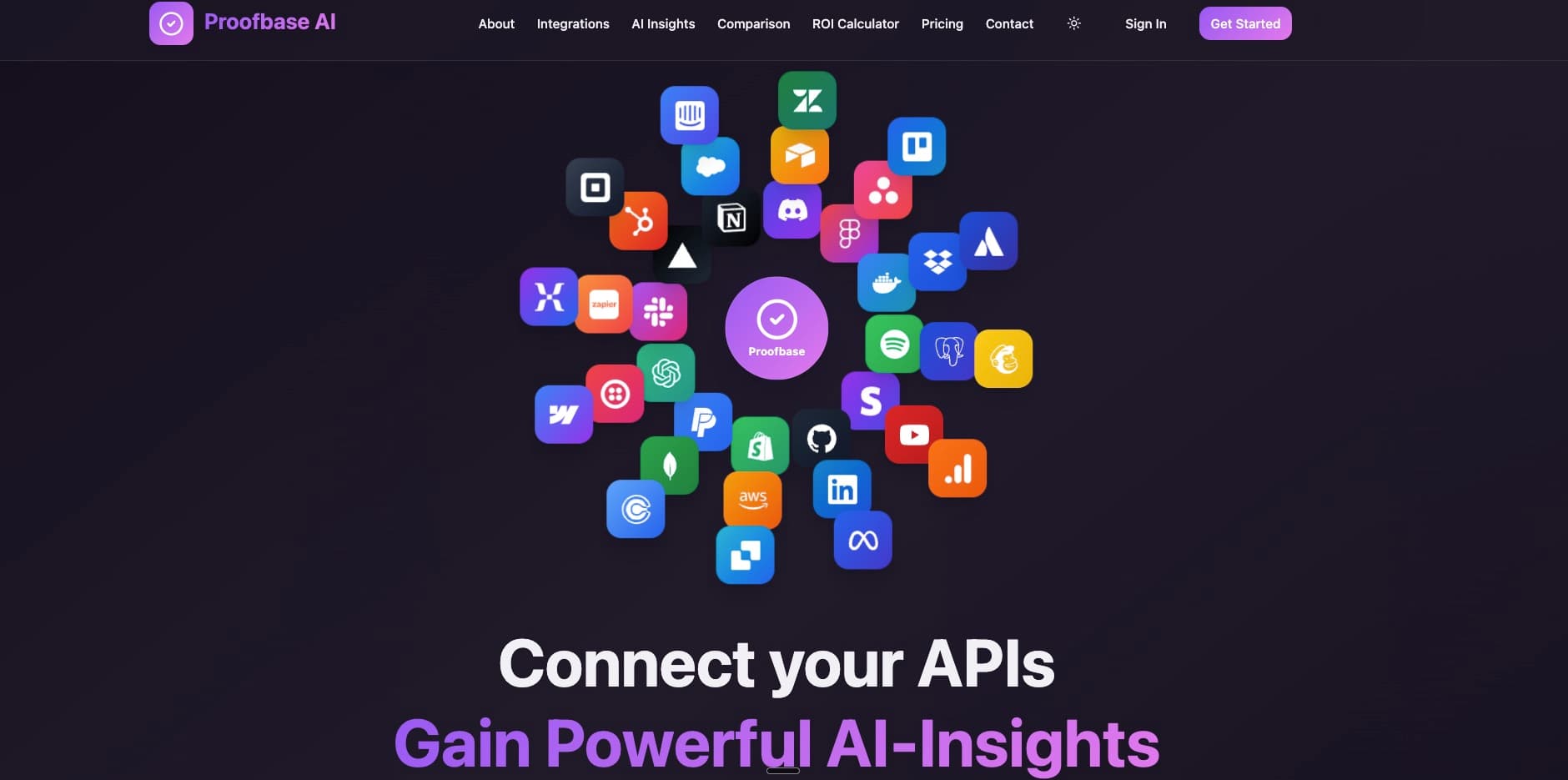 Proofbase AI homepage showing the platforms it pulls verified metrics from